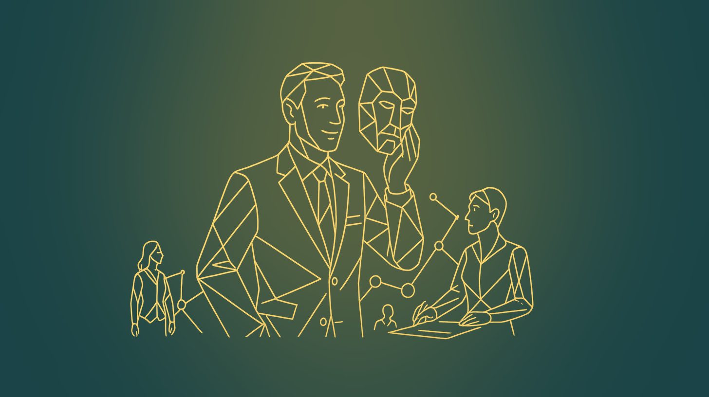 Line illustration: a leader lowering a mask to reveal an authentic face.