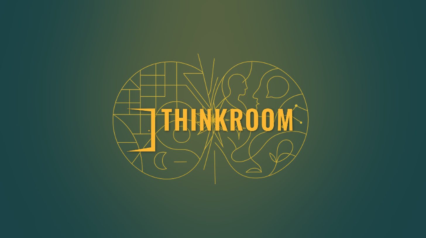 The ThinkRoom emblem in gold line art: two minds meeting.