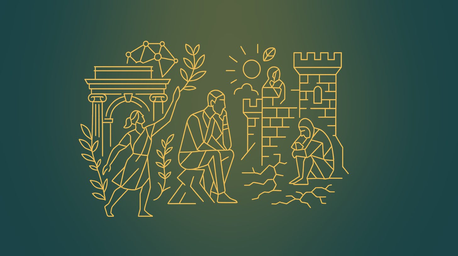 Line illustration: figures between a flourishing open society and a closed, crumbling fortress.
