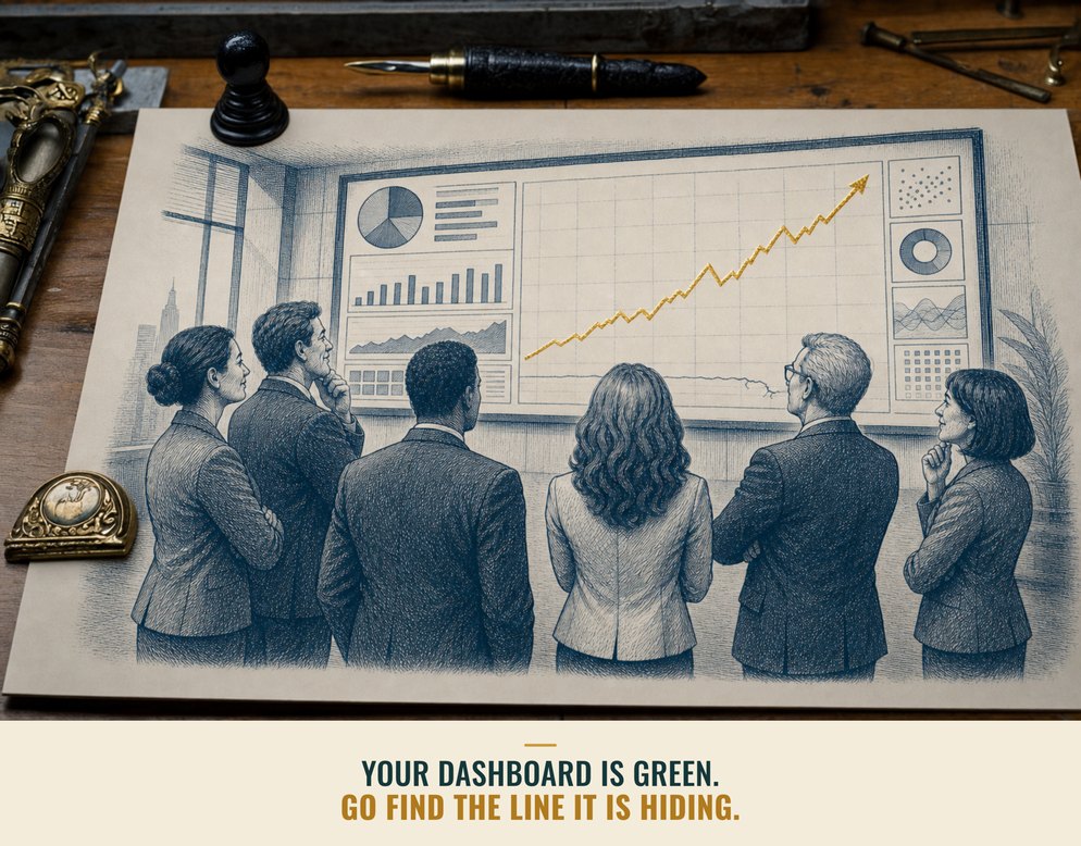 Illustration: a healthy-looking dashboard, and the small line in the corner it is quietly hiding.
