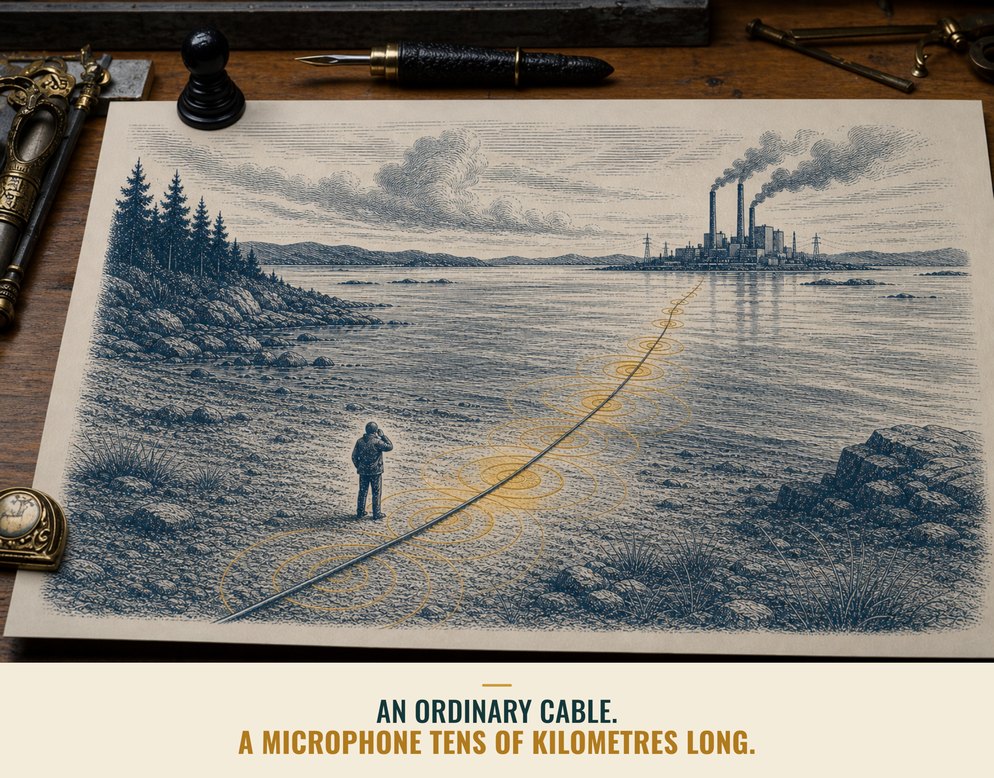 Illustration: an ordinary fibre-optic cable turned into a microphone tens of kilometres long.