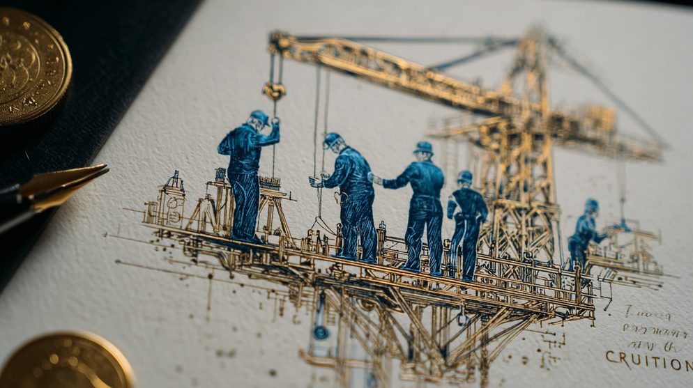 Illustration: A figure being lifted by a crane from a small well.