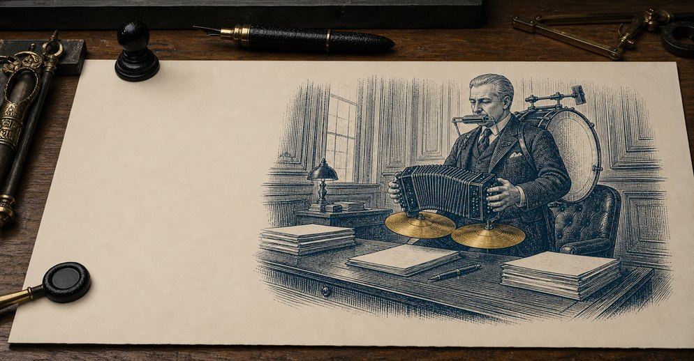 Illustration: A grey-haired executive in a three-piece suit seated at a desk piled with paperwork, playing a concertina with a harmonica strapped to his mouth, a bass drum on his back and a pair of gold cymbals mounted in front of him.