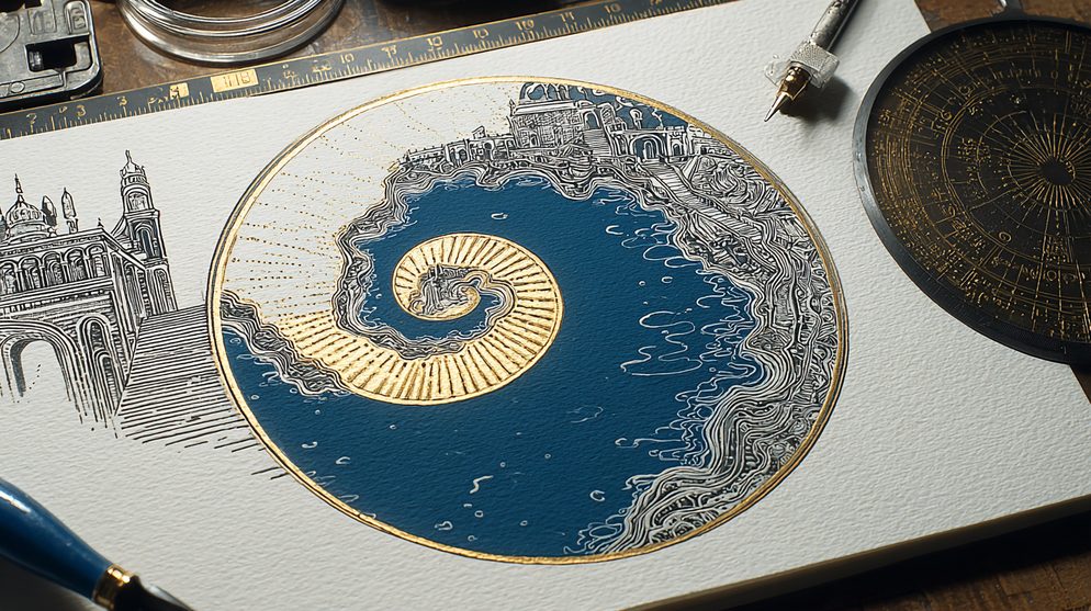Illustration: Golden water in motion swirling spiraling dancing.