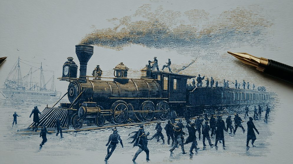 Illustration: A grand steam locomotive pulling into a station.