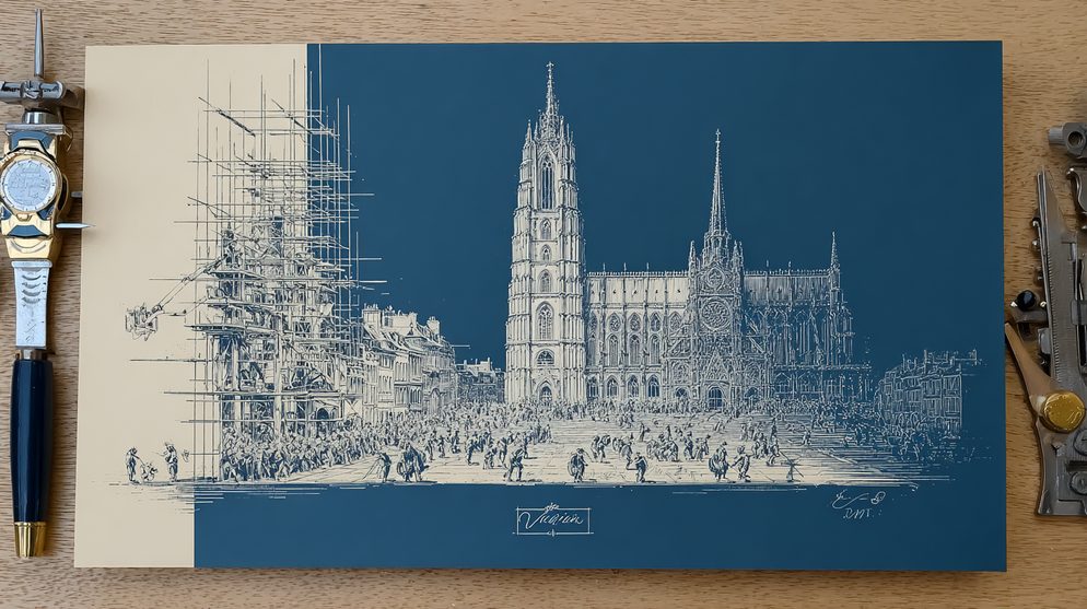 Illustration: A massive cathedral under construction with scaffolding.