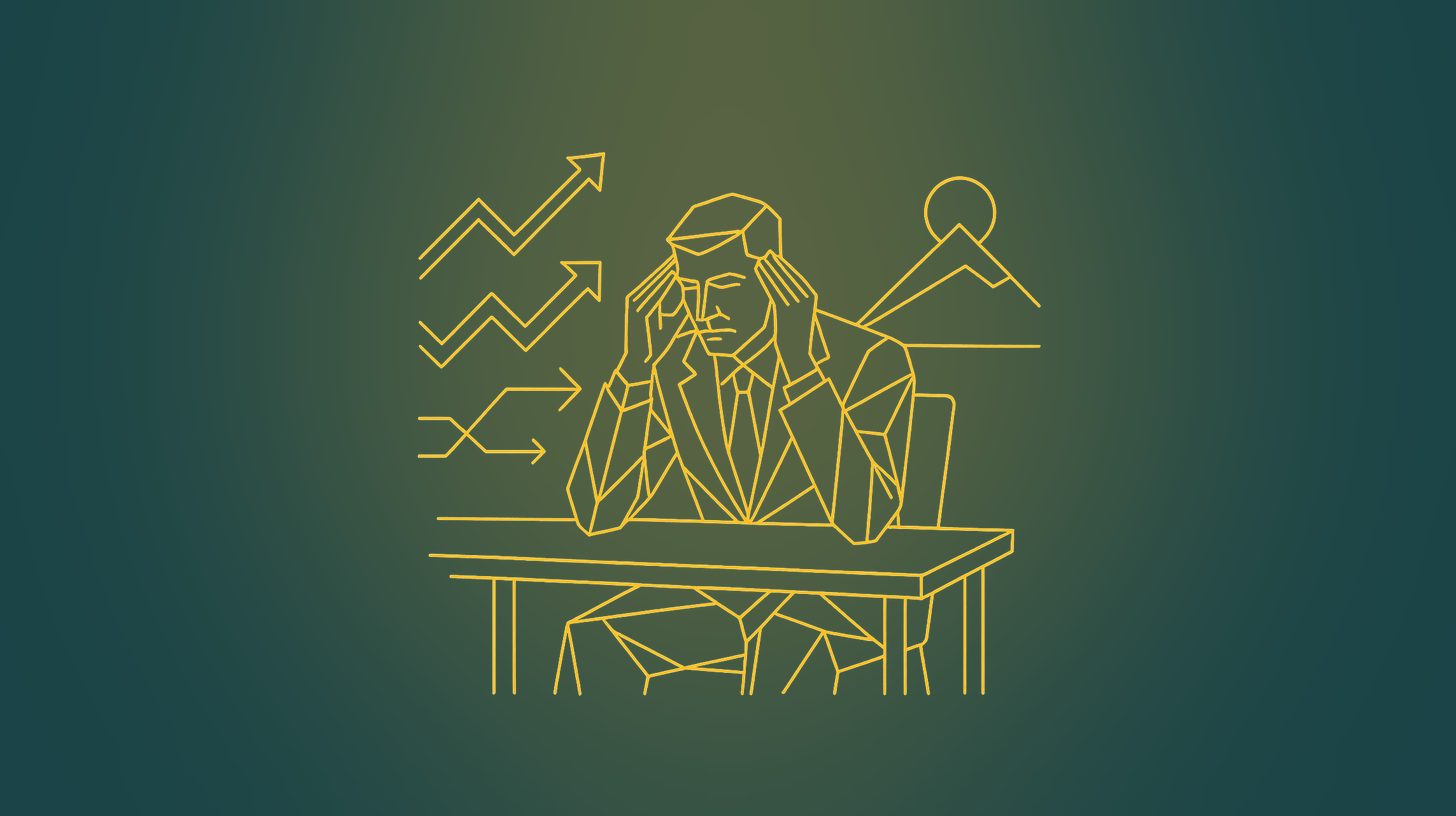 Line illustration: a manager at a desk, head in hands, pressed by rising performance demands.