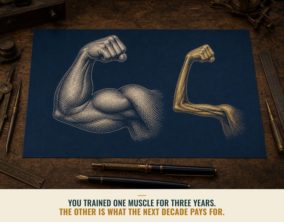 Illustration: a trained muscle, built for the motion the next decade won't pay for.