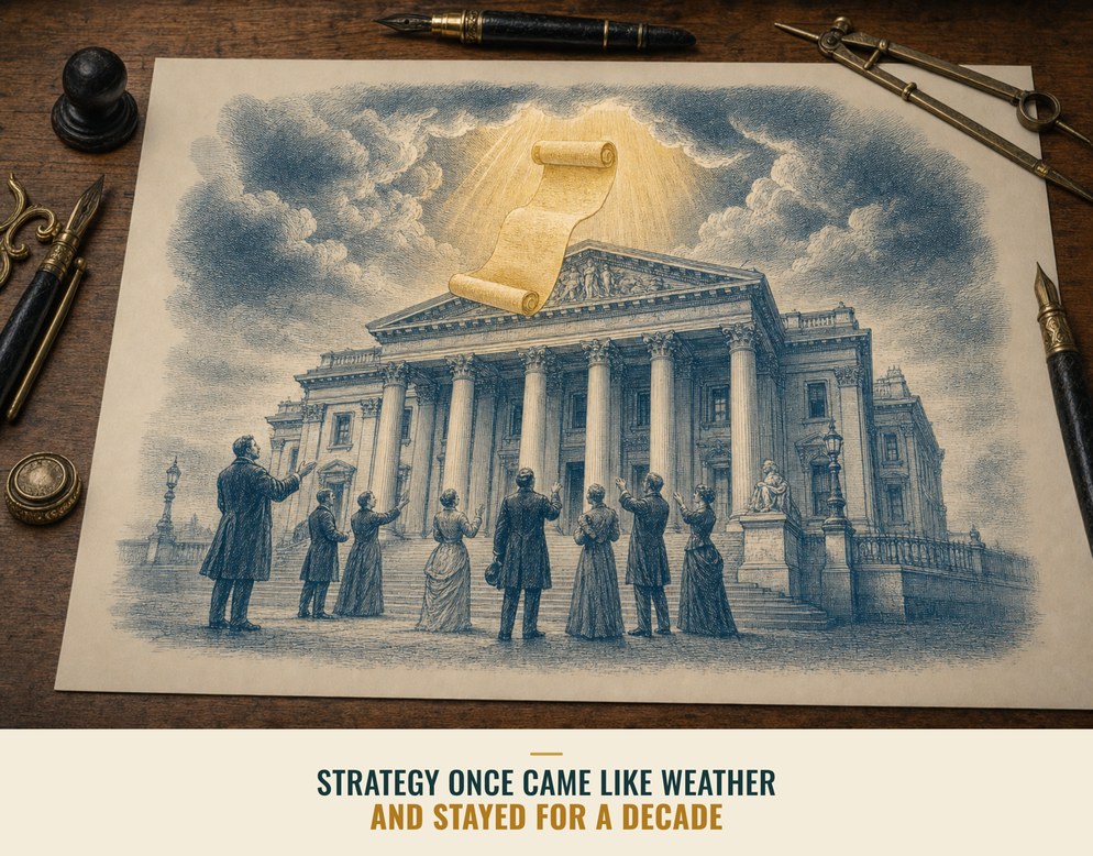 Illustration: strategy arriving from somewhere above, like weather.