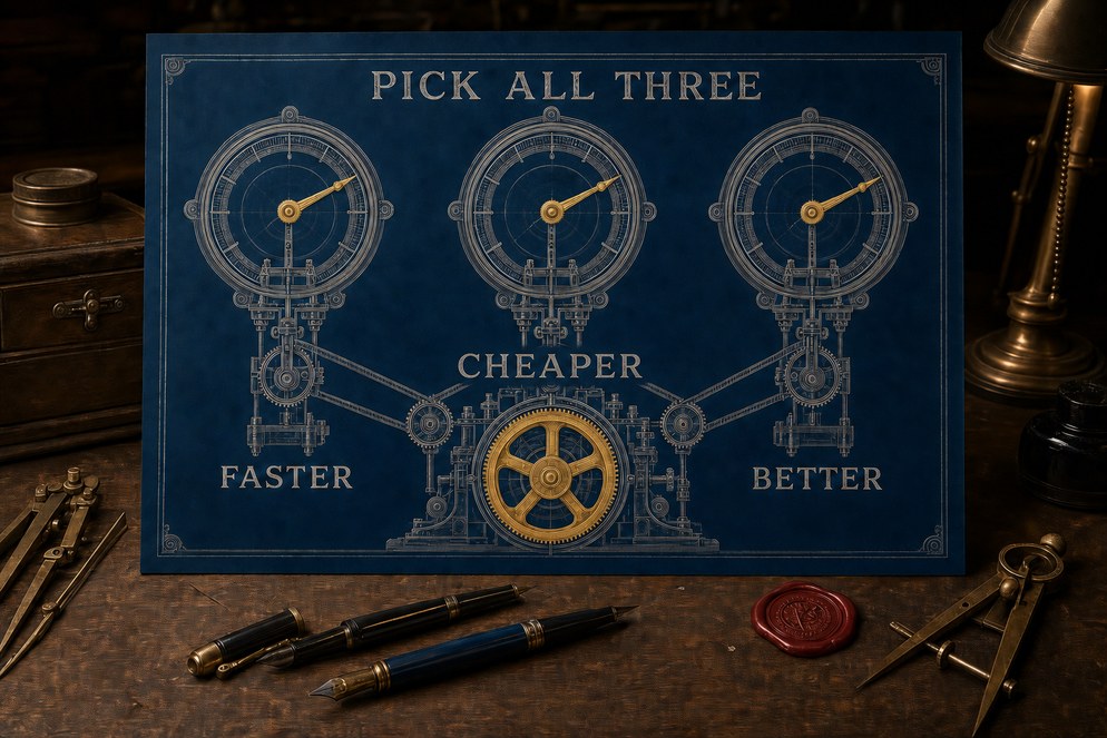 Illustration: faster, cheaper, and better, all at the same time.