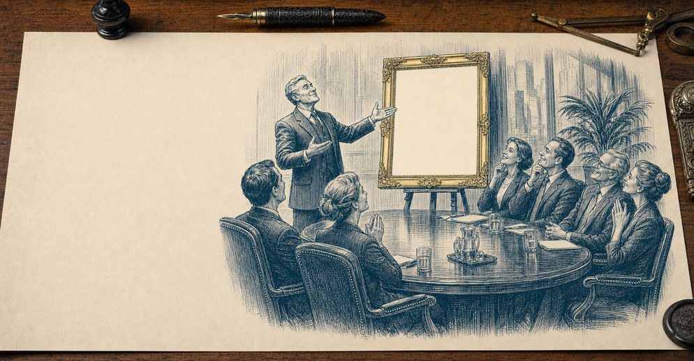 Illustration: an executive boardroom, the setting for a strategy that isn't there.