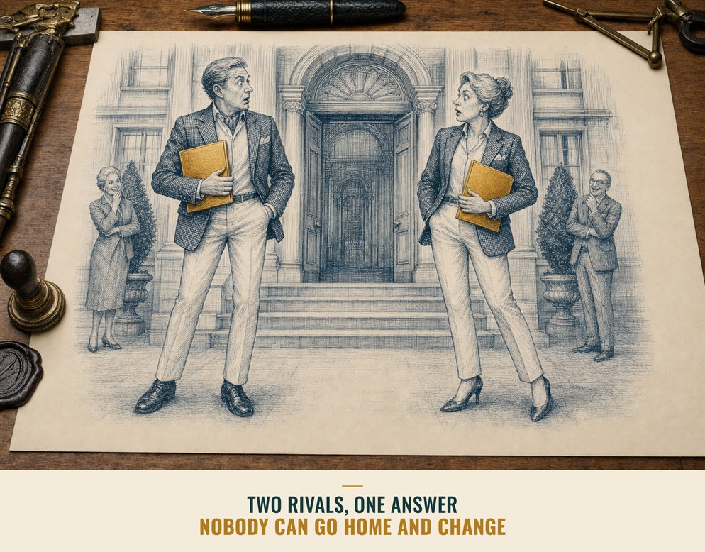 Illustration: two executives arriving at the offsite in the same outfit.