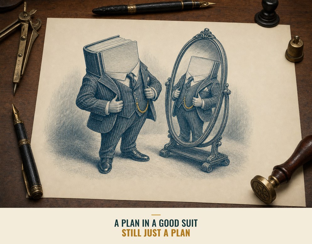 Illustration: a plan dressed up in a suit, posing as a strategy.