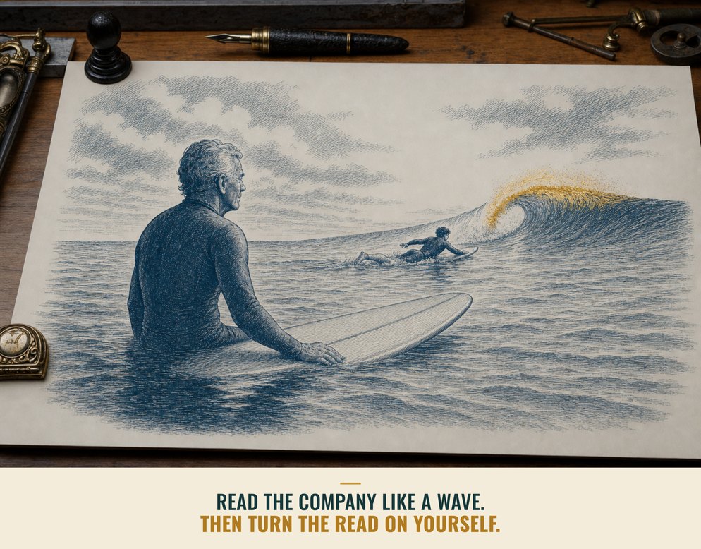 Illustration: a surfer reading the wave, asking whether you are still built to catch what comes next.