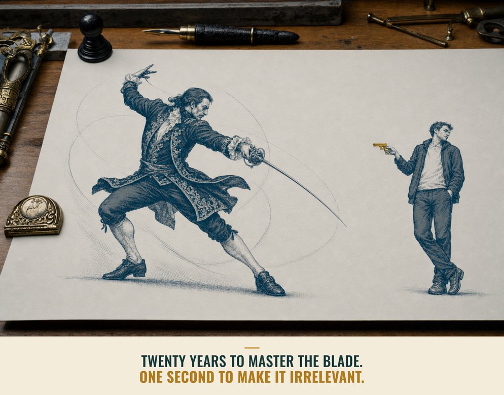 Illustration: a master swordsman performing an elaborate routine moments before he is simply shot.