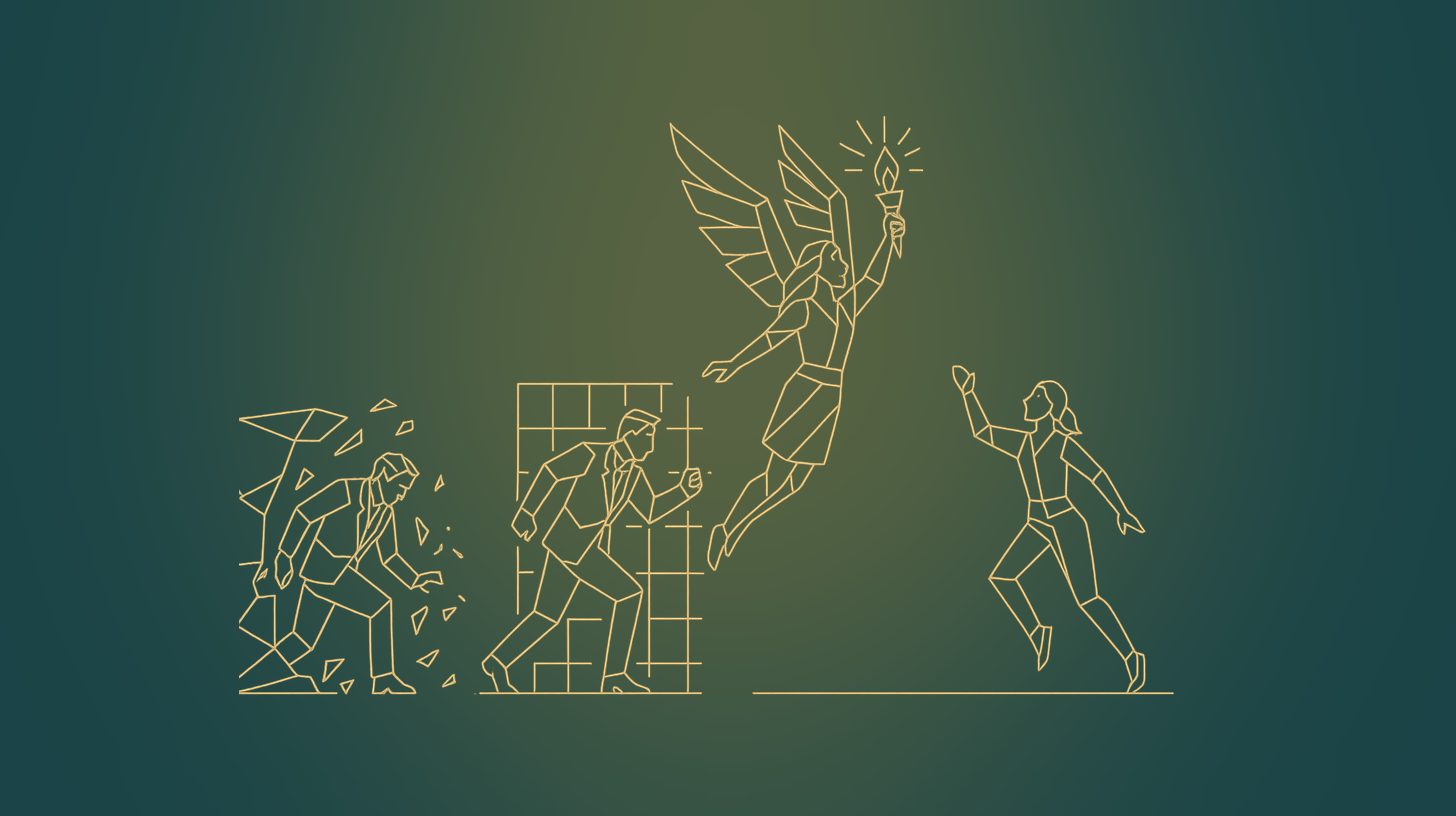 Line illustration: a person breaking free of constraints into open possibility.