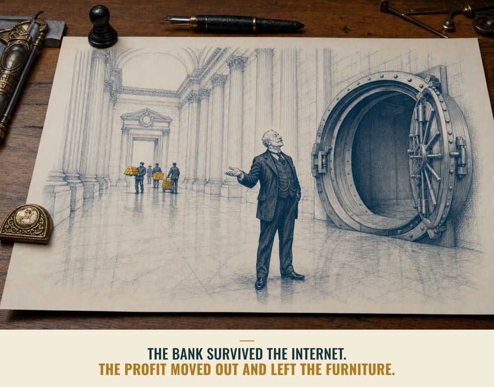 Illustration: an emptied bank vault, the profit gone while the furniture stays.
