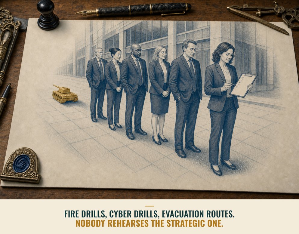 Illustration: a company meeting its wartime moment with no rehearsal behind it.