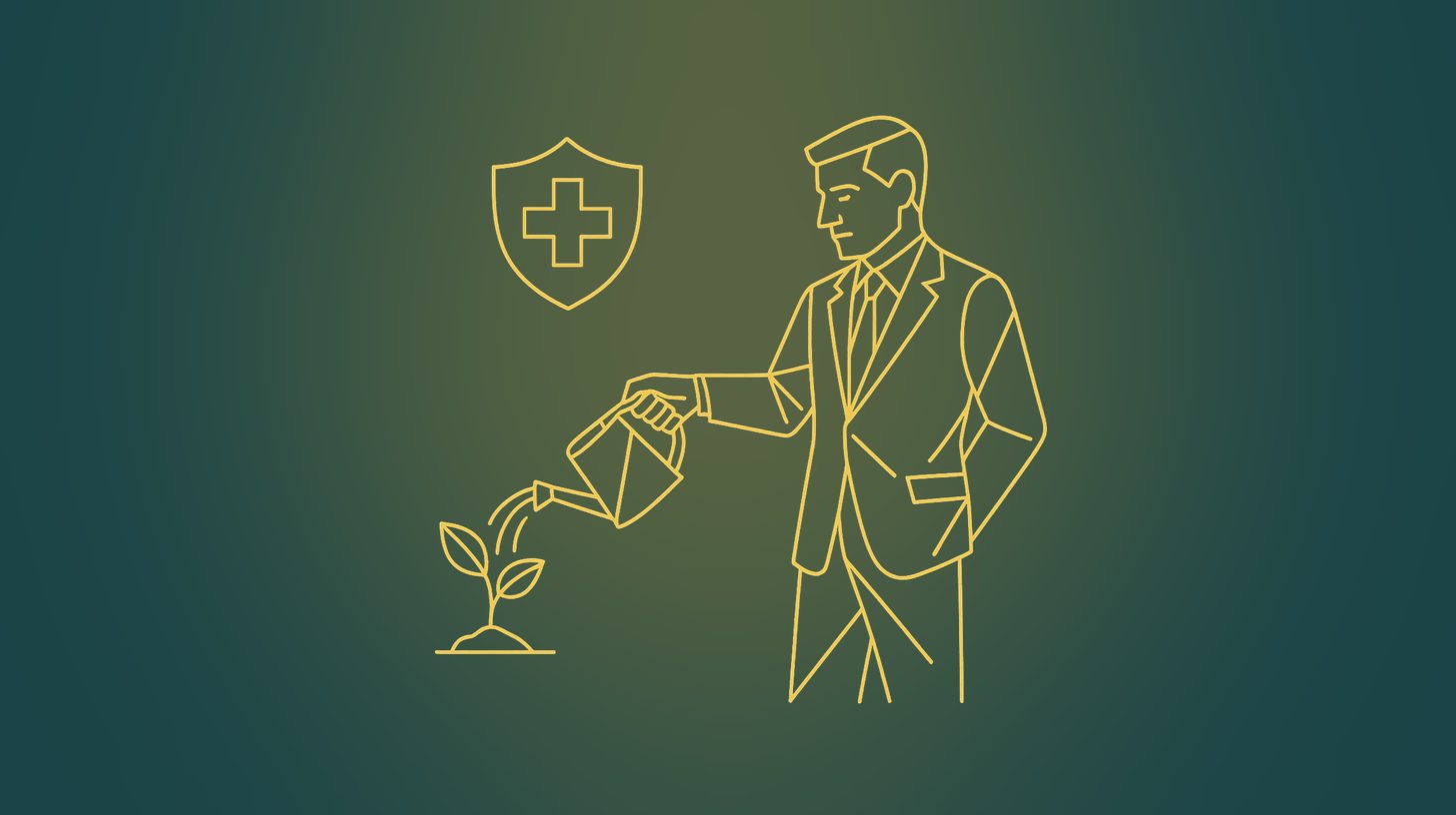 Line illustration: a leader watering a young seedling beneath a protective shield, the quiet work of prevention.