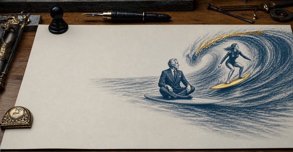 Illustration: a suited man sitting still on a surfboard while a wetsuited surfer rides the rising wave beside him.
