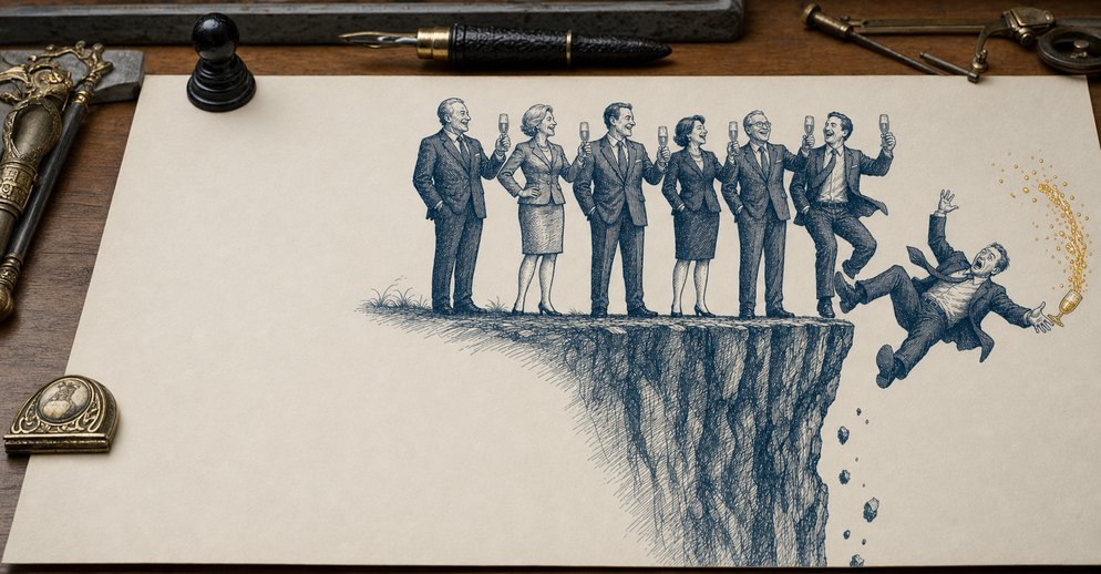 Illustration: a row of executives toasting champagne at the edge of a cliff while one of them falls off, glass still in hand.