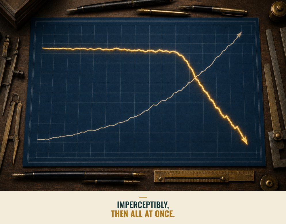 Illustration: the Z-curve, the mirror image of the adoption curve, where decline runs imperceptibly then all at once.